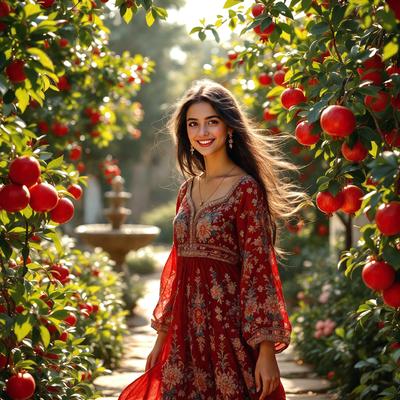 The primary subject of the image is a woman wearing a red dress, standing in a garden surrounded by apple trees. The setting is a garden with apple trees, and the visual style is a photo. The woman is smiling, and the overall atmosphere is warm and inviting.
